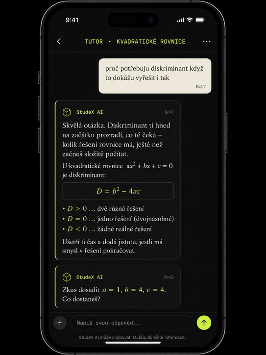 StudeX AI Tutor: sokratovská konverzace o kvadratické rovnici a diskriminantu.